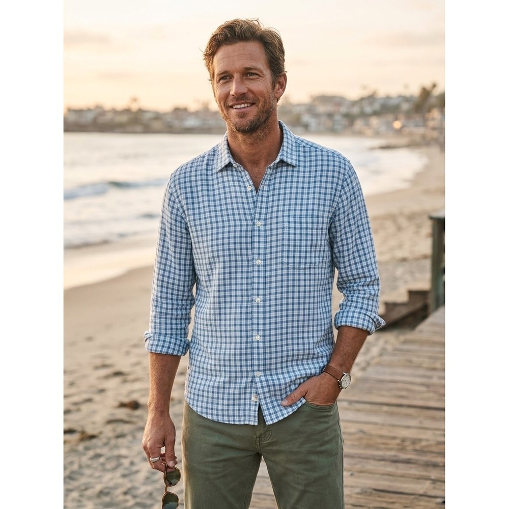 Faherty Mens Blue White Gingham 100% Linen Long Sleeve Button Down Shirt XL